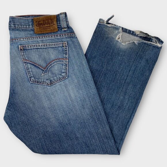 VINTAGE Von Dutch Kustom Made Jeans Mens 36x35 Baggy Relaxed Y2K Blue (34x30)